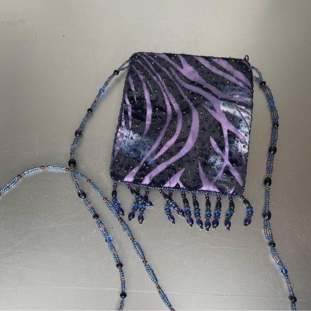 Black Purple Velvet Beaded Crossbody Evening Small Bag Purse Bead Tassels